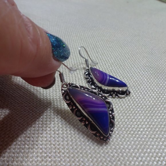 Gorgeous "PURPLE BOTSWANA AGATE" Handmade Dangle Sterling Earrings #241B - Picture 2 of 4